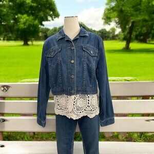 Upcycled Denim Jacket Boho Lace Crochet Hem Vintage Western Y2K Cottage Trendy